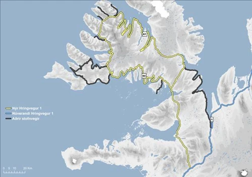 Kort úr minnisblaði starfshópsins sem sýnir vegi sem yrðu skilgreindir sem hluti af Hringvegi 1.